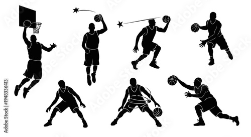 Black and White Silhouette Basketball Players Dribbling and Shooting