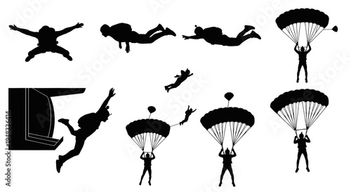 Black  White Silhouettes of Skydivers in Various Poses