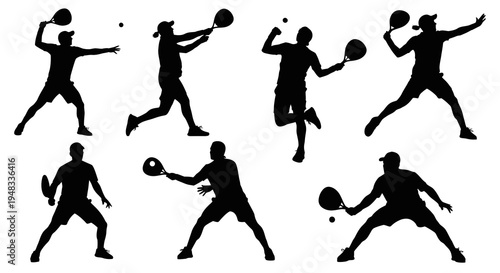 Black Silhouette of Tennis Players in Action Poses Vector