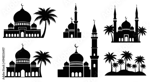 Islamic Mosques and Palm Trees Silhouettes Vector Art Black and White