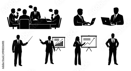 Business Meeting and Presentation Silhouettes - Black and White Office Icons