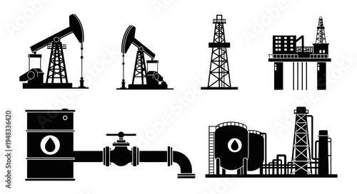 Black  White Icons of Oil Industry Equipment - Pumpjack, Rig, Platform, Tanks, Pipeline