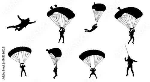 Black Silhouette Skydiving and Parachuting Set, Vector Illustration