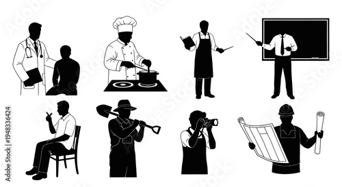 Silhouette icons professions: doctor, chef, teacher, photographer, construction worker