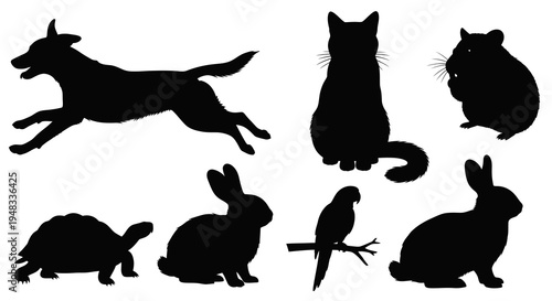 Black  White Silhouettes of Cute Pets: Dog, Cat, Rabbit, Hamster, Parrot, Turtle