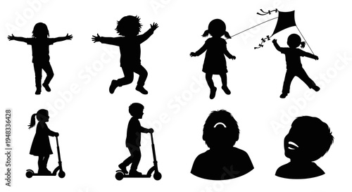 Children Playing Silhouettes: Kids Kite, Scooter, Joyful Expressions, Vector Art