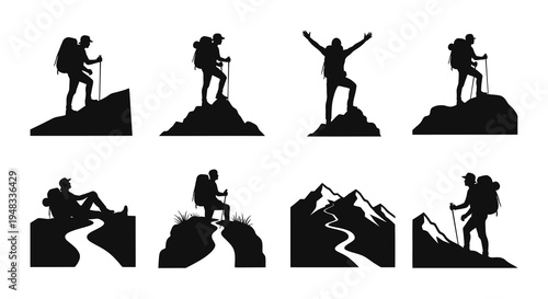 Black Silhouette of Hikers and Mountains, Vector Illustration