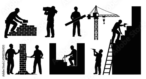 Construction worker silhouettes with crane, bricks, tools, and ladder