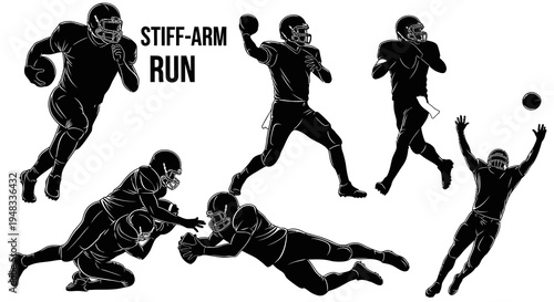 Black  White Line Art Football Players Running and Catching Ball