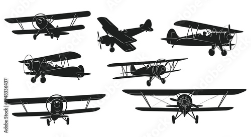 Vintage biplanes in black and white silhouette, vector art for aviation