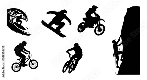 Black  White Silhouette of Extreme Sports Athletes on White Background