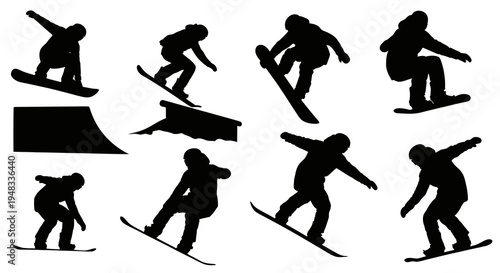 Black  White Silhouette Snowboarder Action Sports Vector