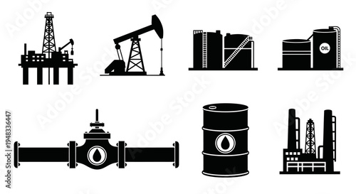 Oil Industry Icons: Rig, Pumpjack, Tanks, Valve, Drum, Factory in Black and White