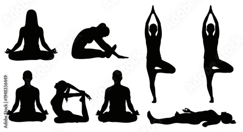Black Silhouette Yoga Poses Collection, Meditation and Fitness