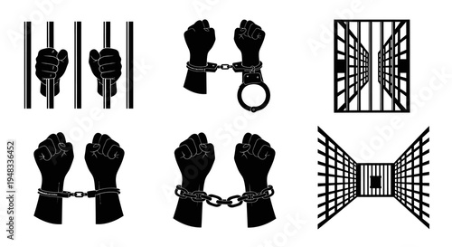 Black and White Illustration of Hands in Chains and Jail Bars