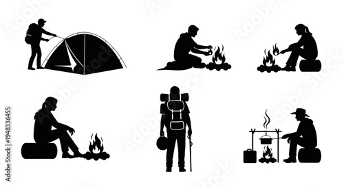 Camping and Hiking Silhouettes: Tent, Campfire, Backpacking Vector Art