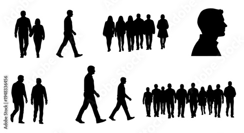 Black and White Silhouettes of People Walking, Group and Individual Figures