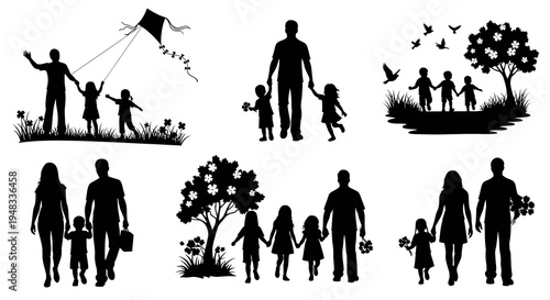 Silhouette Family Group Icon Set, Black and White, Vector Art