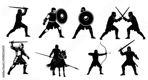 Medieval Knights Fighting with Swords, Shields and Bow - Black and White Silhouettes