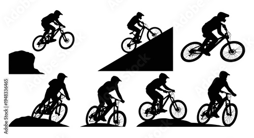 Silhouette mountain bikers in action, extreme sports vector art