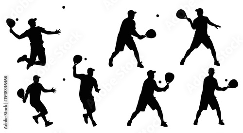 Tennis Player Silhouettes Jumping, Serving, and Playing Paddle Ball