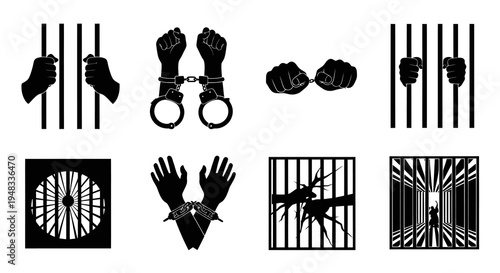 Prison, Jail Bars, Handcuffs, Freedom, Crime, Justice Icons Set - Black  White