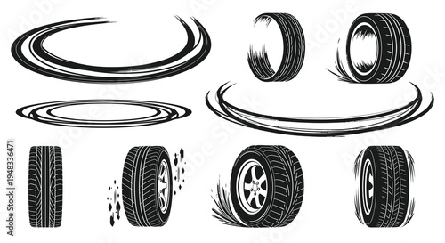 Black and White Line Art of Car Tires and Motion Swirls