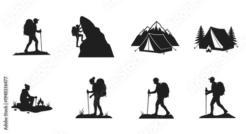 Black  White Silhouettes of Hikers and Camping Tents, Outdoor Adventure Icons