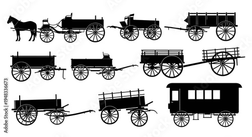 Black  White Silhouettes of Vintage Horse-Drawn Wagons and Carriages