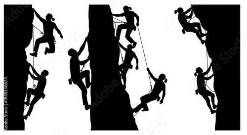 Black Silhouette Rock Climbers Climbing Mountain Cliff Adventure Sport