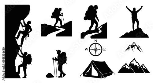 Black and white vector icons of hikers and mountain adventure symbols