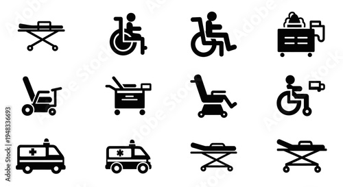 Medical Equipment Icons: Stretcher, Wheelchair, Ambulance, Medical Cart, Glyph Art