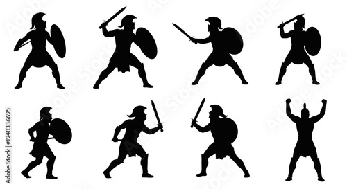 Black Silhouette Ancient Greek Warrior Figures Sword Shield Vector Art