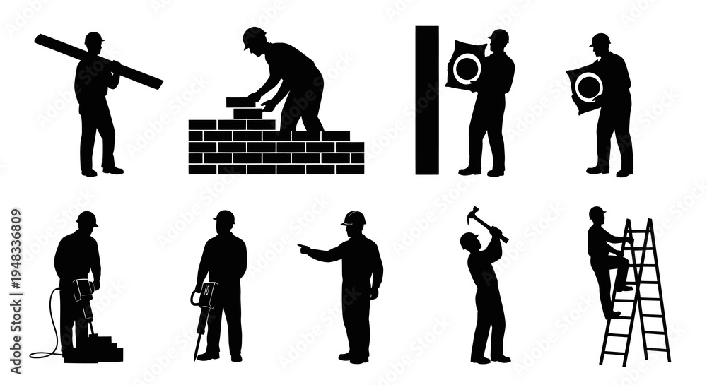 Fototapeta premium Construction worker silhouettes: building, hammering, carrying materials