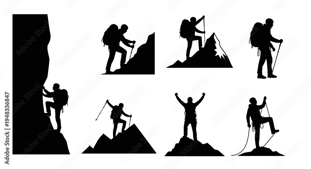 Fototapeta premium Climbing and mountaineering silhouettes, outdoor adventure, black and white vector