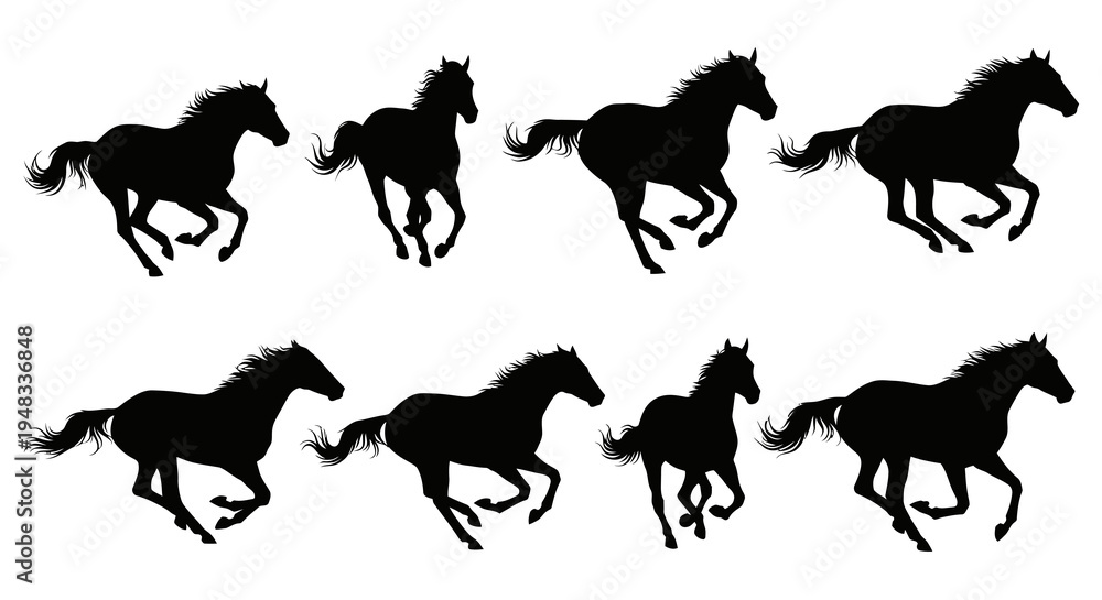 Obraz premium Black Silhouette Horses Running Galloping Herd Vector Art
