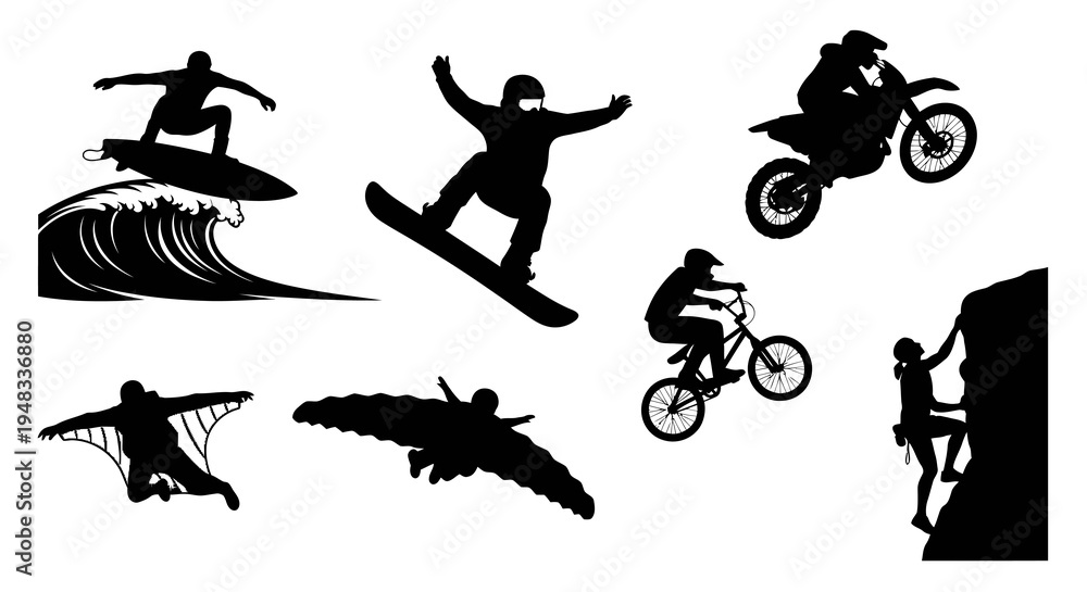 Naklejka premium Action Sports Silhouettes: Surfing, Snowboarding, Motocross, BMX, Wingsuit, Climbing