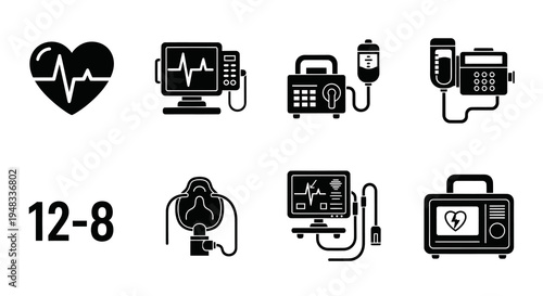 Medical Equipment Icons Set Black and White Vector Glyph Style