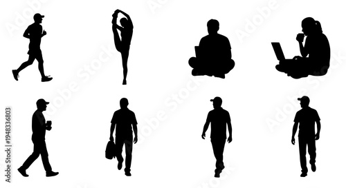 Black Silhouette People Poses - Running, Yoga, Sitting, Working - Vector