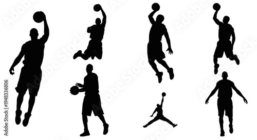 Silhouette Basketball Player Jump Shot Slam Dunk Action Black and White