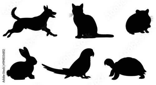 Black Silhouette Collection of Cute Pets on White Background