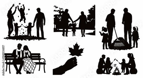 Autumn Family Silhouettes: Outdoor Activities, Fall Season, Vector Art
