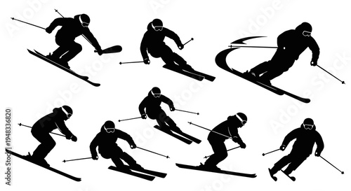 Black Silhouette Skiers in Various Poses on White Background, Winter Sports Vector