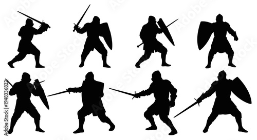 Silhouette Knights with Swords and Shields, Medieval Battle Scene, Black and White Vector Art