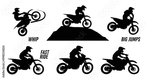 Motocross Motorcycle Silhouettes: Whip, Jump, Fast Ride