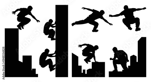 Parkour Silhouettes: Dynamic Urban Athletes Jumping and Climbing