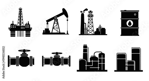 Set of Oil and Gas Industry Icons: Drilling Rig, Pumpjack, Factory, Barrel