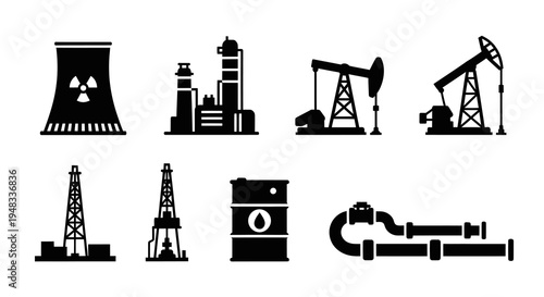 Industrial Icons: Power Plant, Oil Rig, Pumpjack, Barrel, Pipes, Nuclear Tower