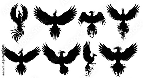 Black Phoenix Silhouettes Vector Set - Mythical Bird Art