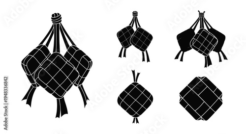 Black Ketupat Icons Set, Traditional Food, Ramadan Islamic Festive